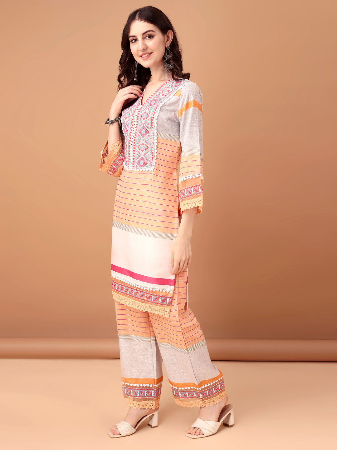 Embroidered & Printed Kurta With Pant & Dupatta Premium, Orange - Hiral Fashion