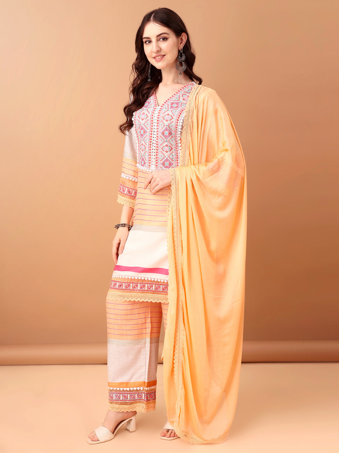 Embroidered & Printed Kurta With Pant & Dupatta Premium, Orange - Hiral Fashion