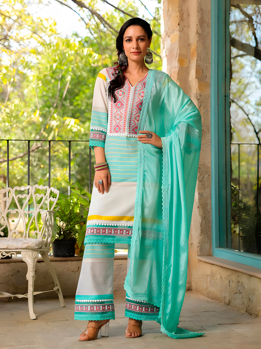 Embroidered & Printed Kurta With Pant & Dupatta Premium, Multicolor - Hiral Fashion
