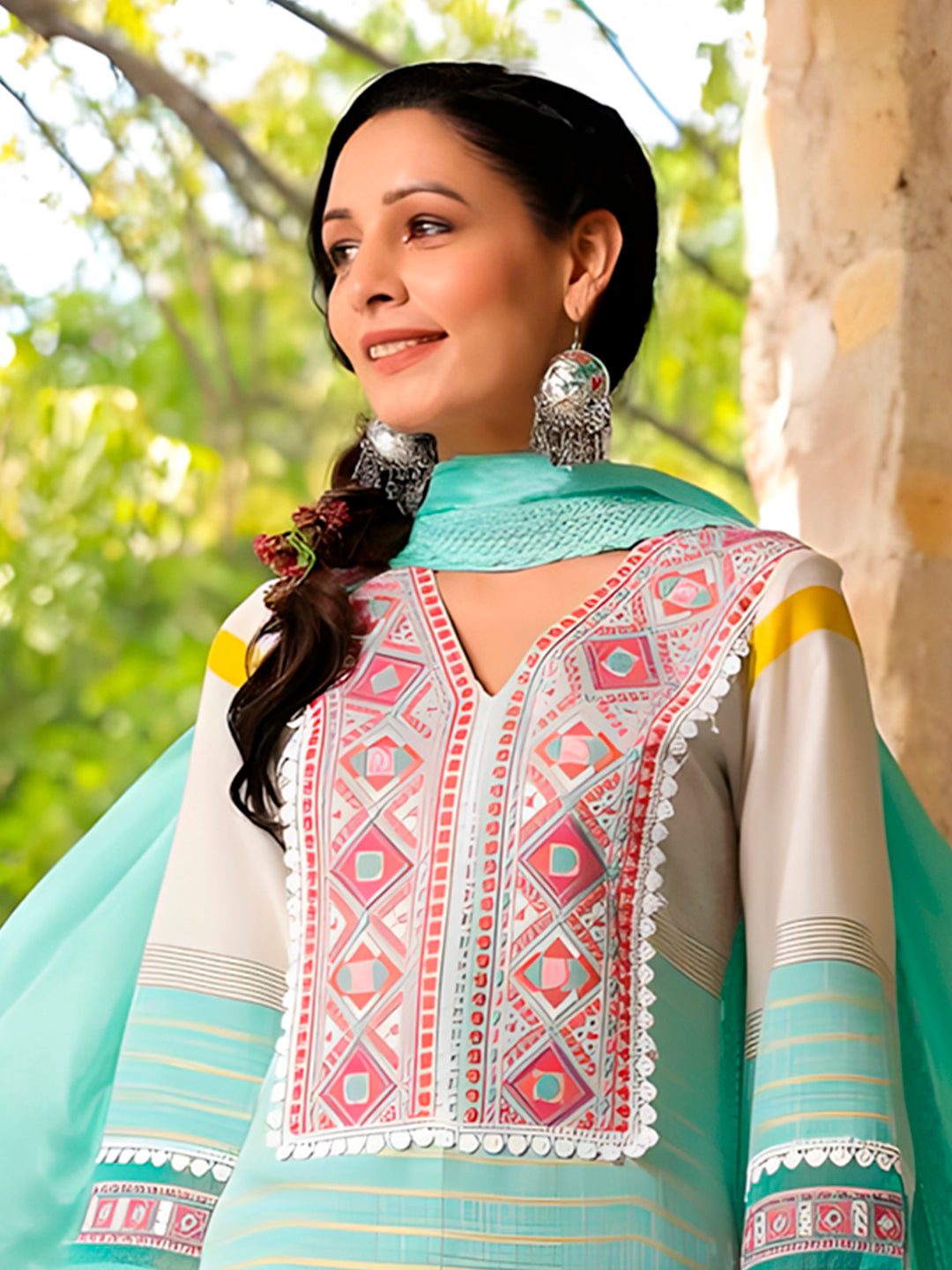 Embroidered & Printed Kurta With Pant & Dupatta Premium, Multicolor - Hiral Fashion