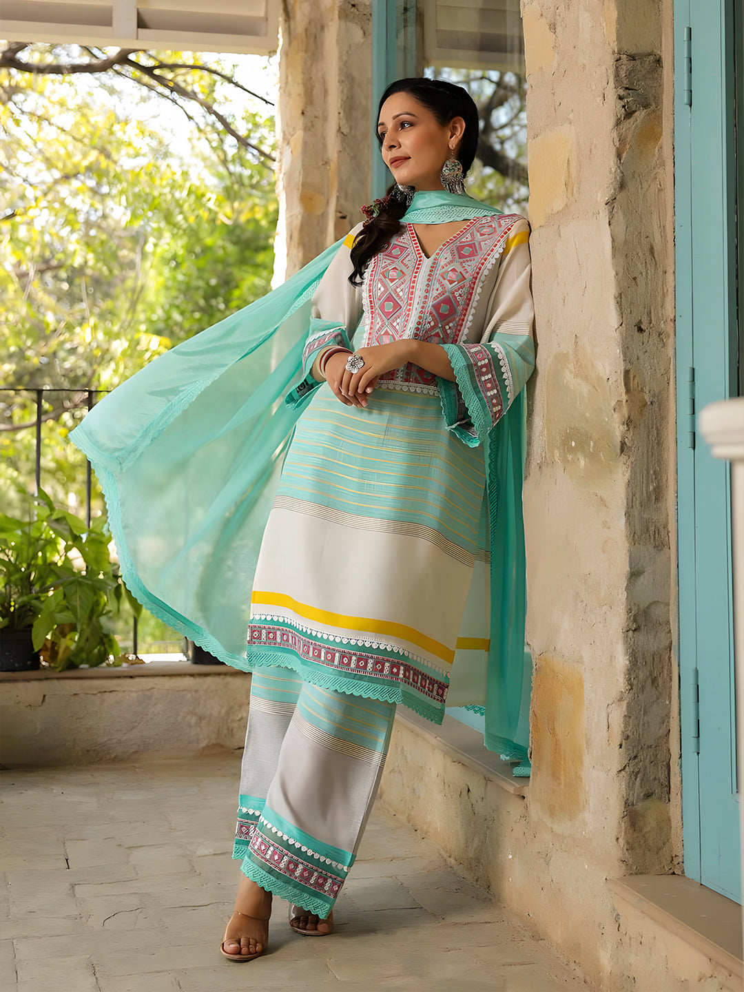 Embroidered & Printed Kurta With Pant & Dupatta Premium, Multicolor - Hiral Fashion