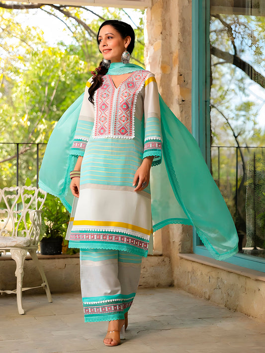 Embroidered & Printed Kurta With Pant & Dupatta Premium, Multicolor - Hiral Fashion