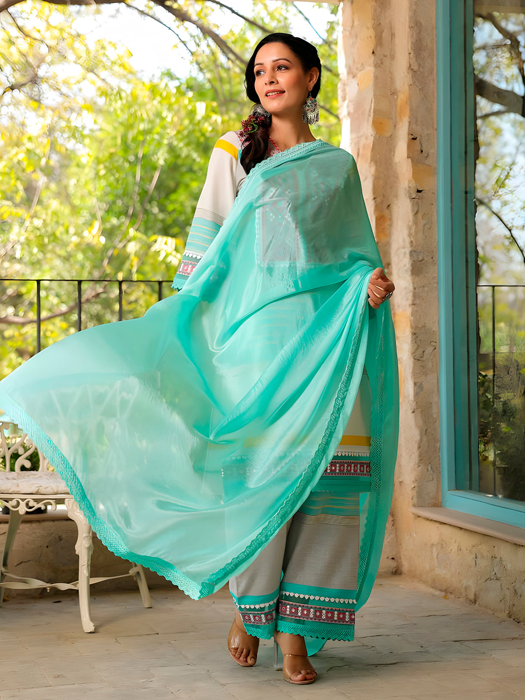 Embroidered & Printed Kurta With Pant & Dupatta Premium, Multicolor - Hiral Fashion