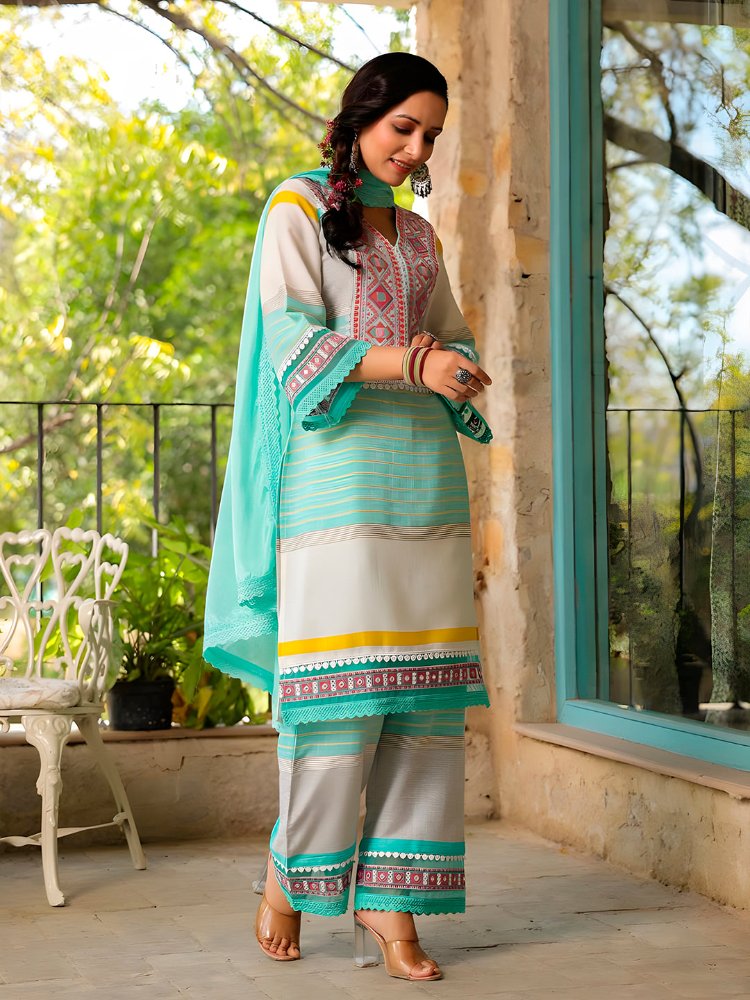 Embroidered & Printed Kurta With Pant & Dupatta Premium, Multicolor - Hiral Fashion