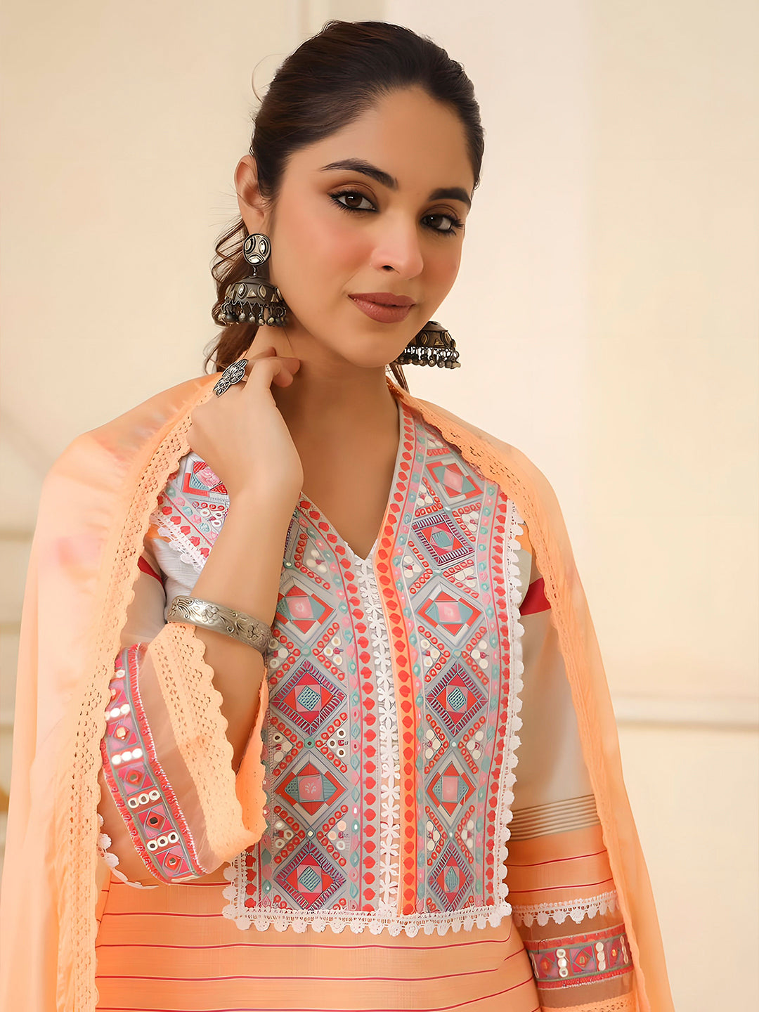 Embroidered & Printed Kurta With Pant & Dupatta Premium, Multicolor - Hiral Fashion