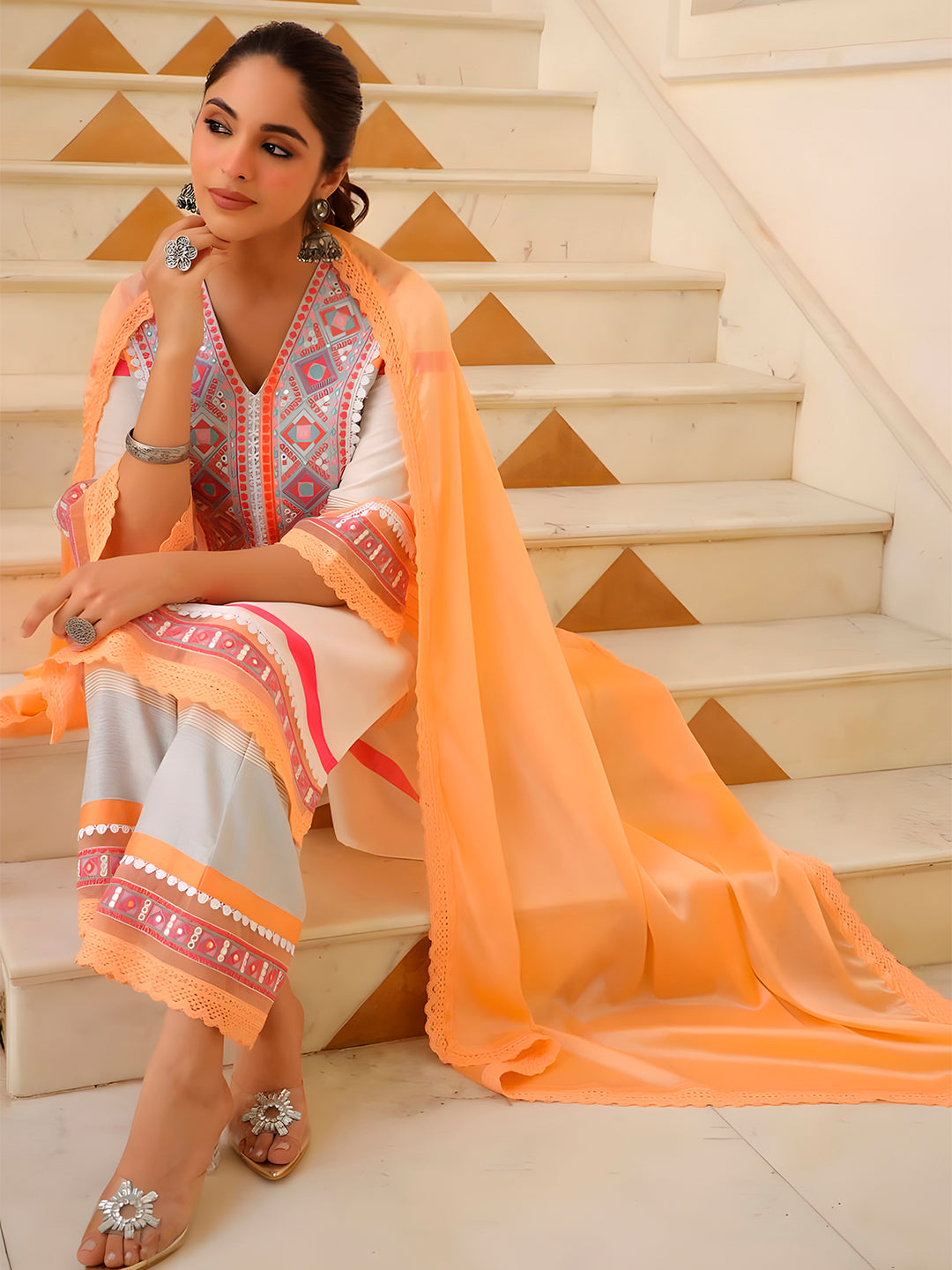 Embroidered & Printed Kurta With Pant & Dupatta Premium, Multicolor - Hiral Fashion
