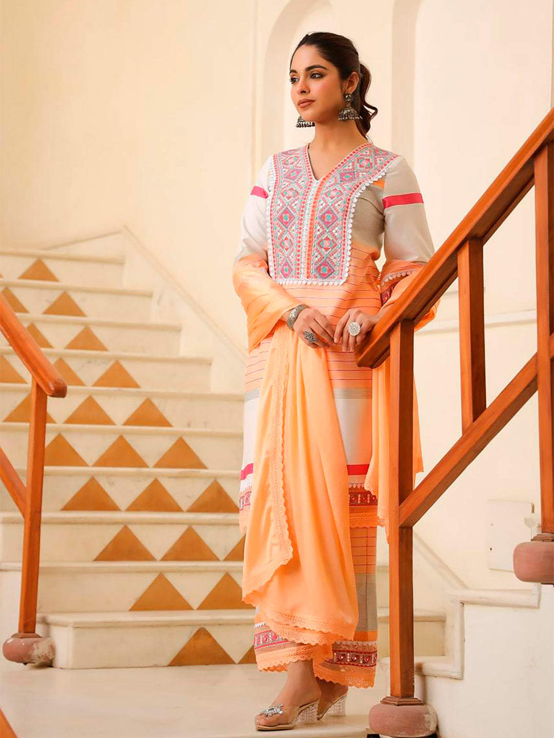 Embroidered & Printed Kurta With Pant & Dupatta Premium, Multicolor - Hiral Fashion