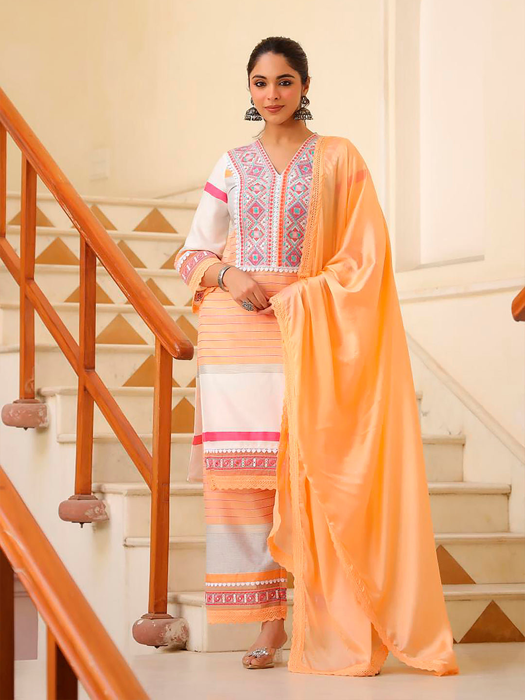 Embroidered & Printed Kurta With Pant & Dupatta Premium, Multicolor - Hiral Fashion