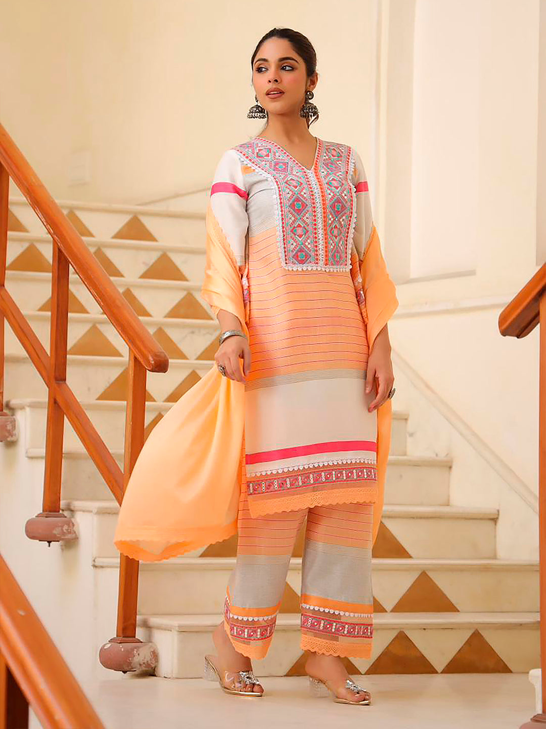 Embroidered & Printed Kurta With Pant & Dupatta Premium, Multicolor - Hiral Fashion