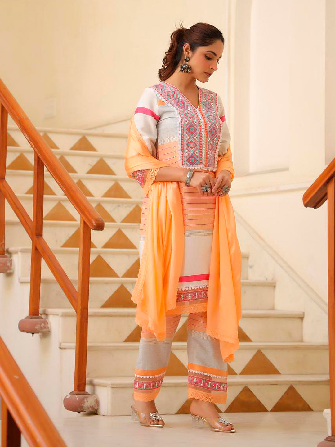 Embroidered & Printed Kurta With Pant & Dupatta Premium, Multicolor - Hiral Fashion