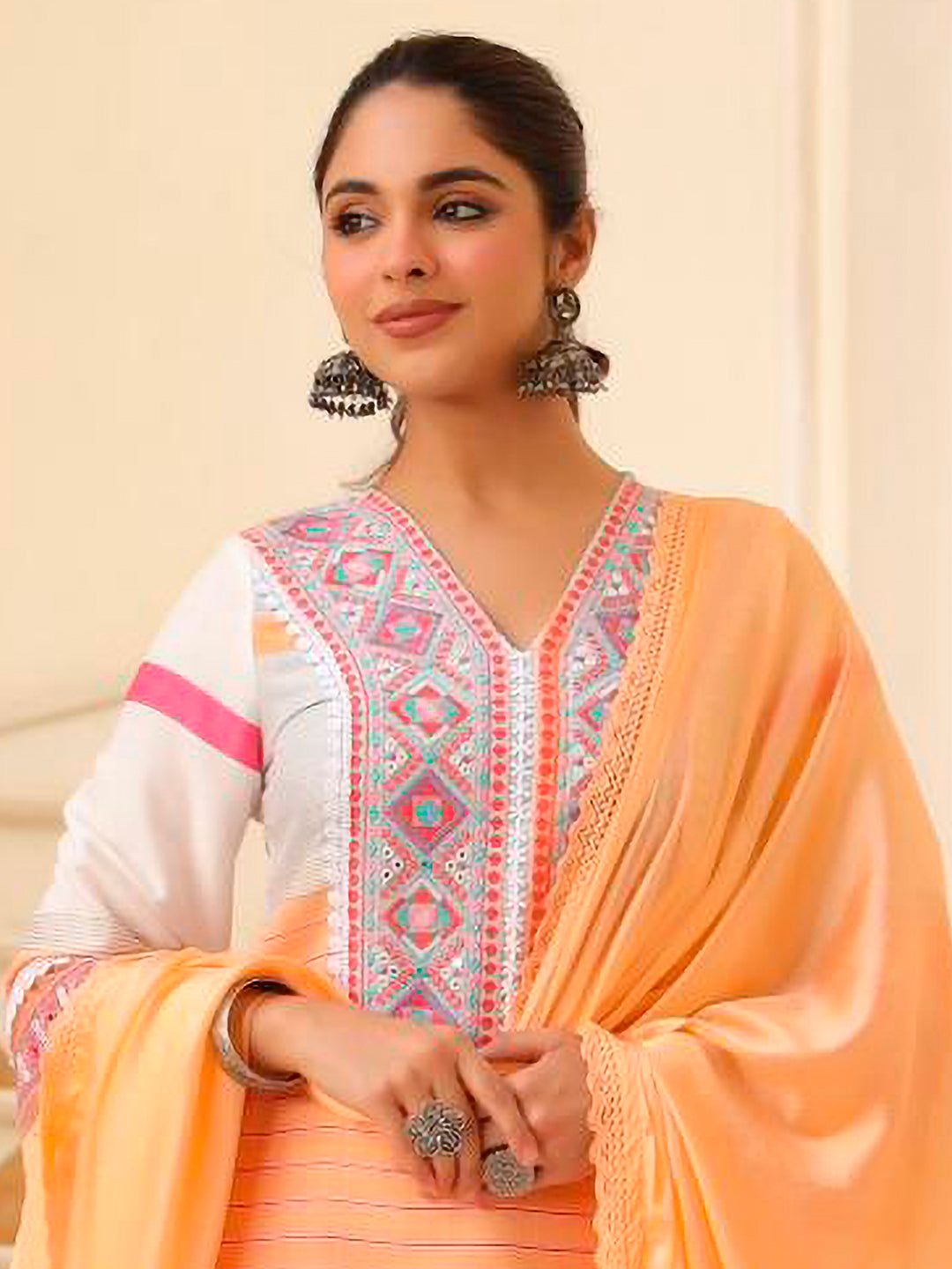 Embroidered & Printed Kurta With Pant & Dupatta Premium, Multicolor - Hiral Fashion
