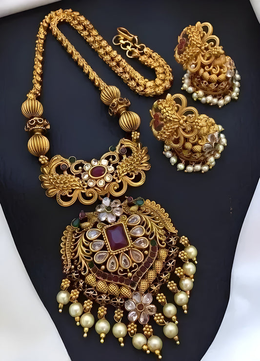 Jewel City Antique-Finish Temple Jewelry Set - Traditional South Indian Gold-Plated Necklace and Earrings with Pearl Drops | Grab2Buy