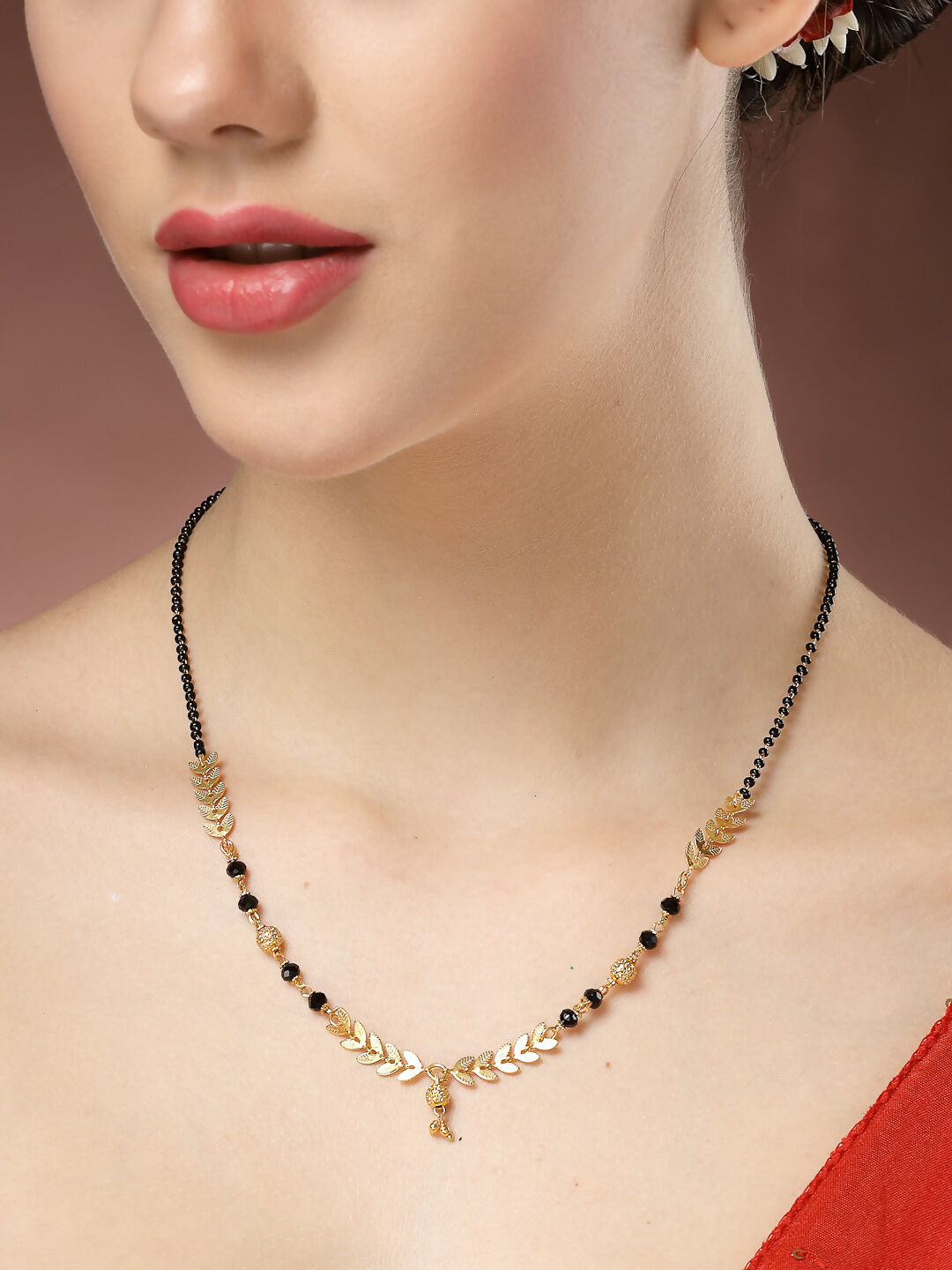 NVR Women's Set of 5 Gold-Polished Black Beaded Mangalsutra 