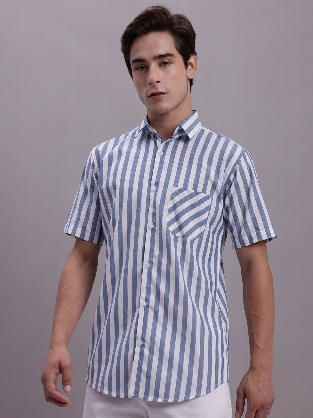 Jainish Men's Blue Vertical Striped Half Sleeve Casual Shirt