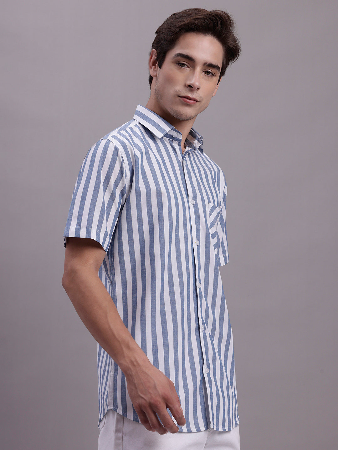 Jainish Men's Blue Vertical Striped Half Sleeve Casual Shirt