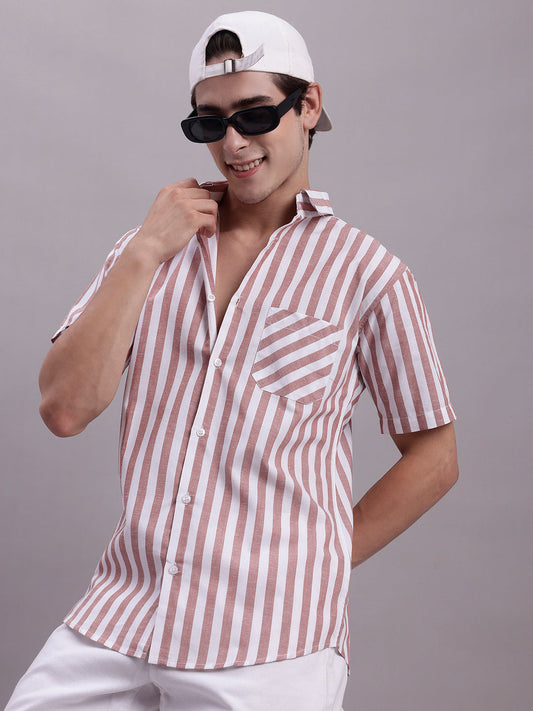 Jainish Men's Red Vertical Striped Half Sleeve Casual Shirt