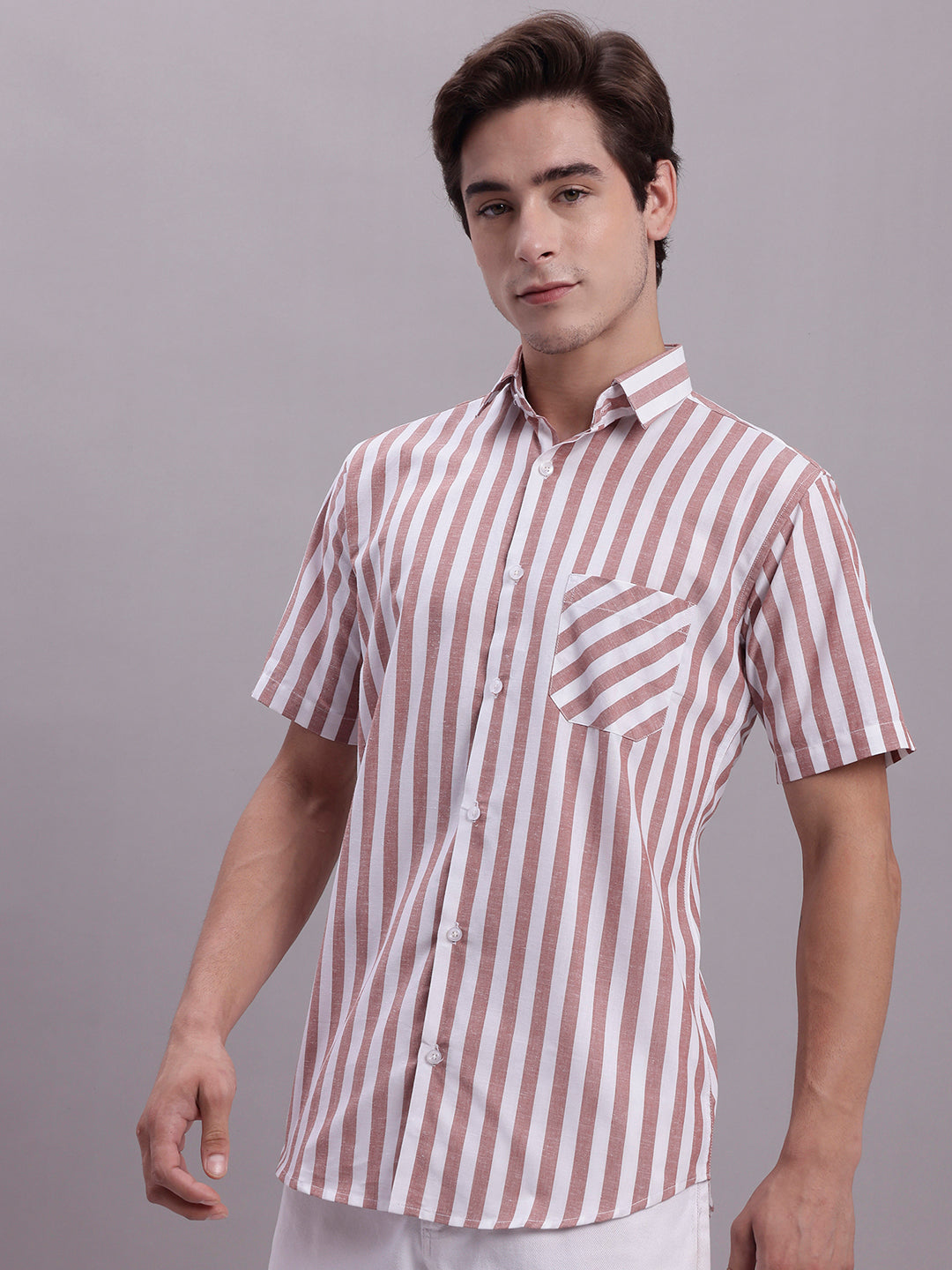 Jainish Men's Red Vertical Striped Half Sleeve Casual Shirt