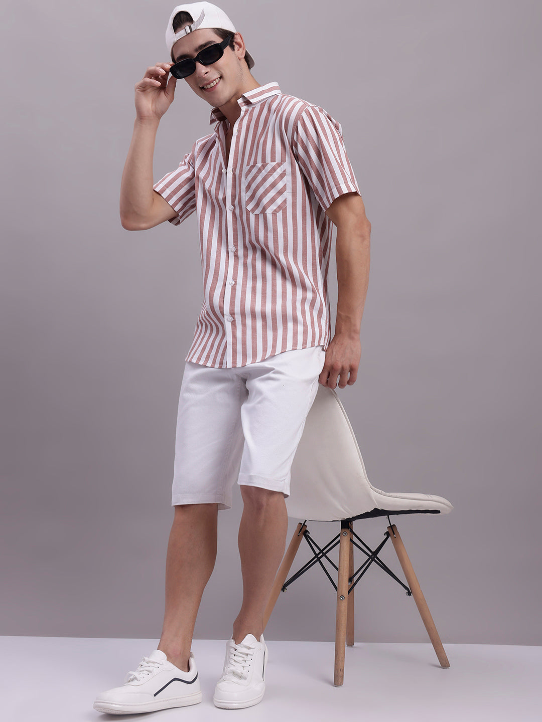 Jainish Men's Red Vertical Striped Half Sleeve Casual Shirt