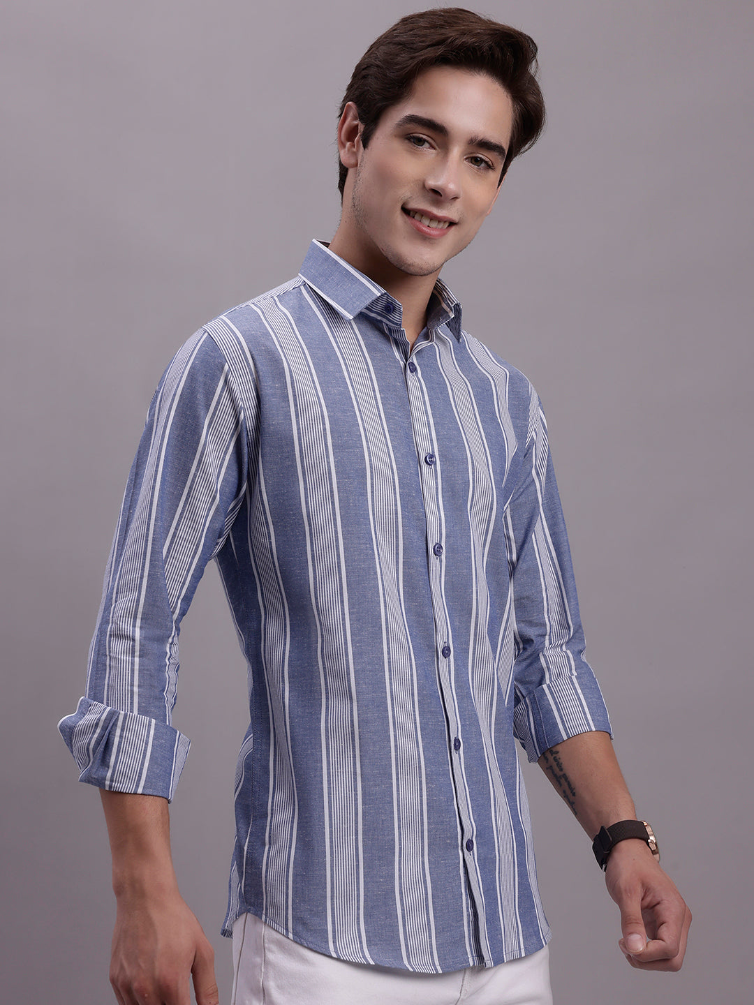 Jainish Men's Striped Casual Shirt - Blue