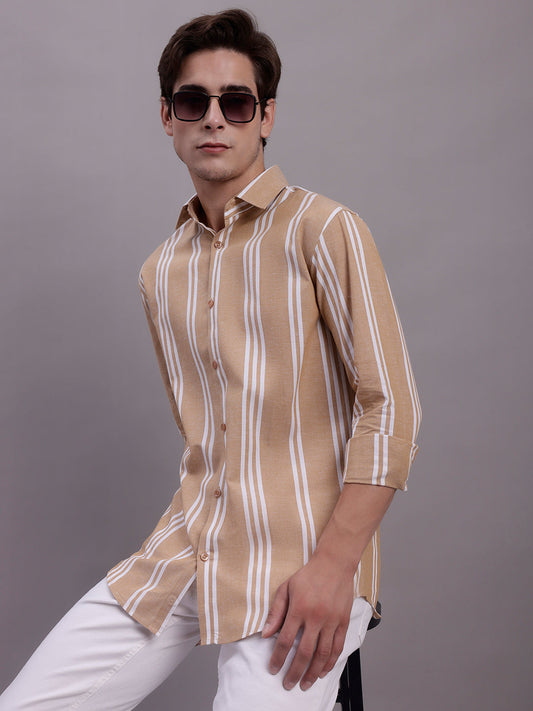 Jainish Men's Striped Casual Shirt - Brown