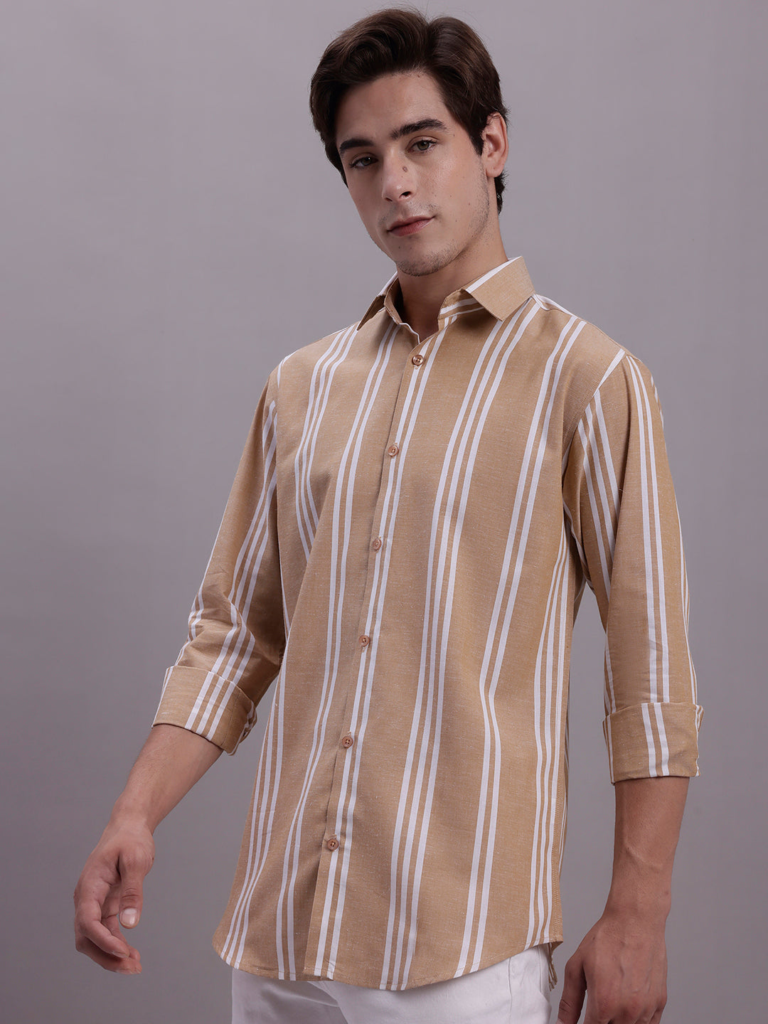 Jainish Men's Striped Casual Shirt - Brown