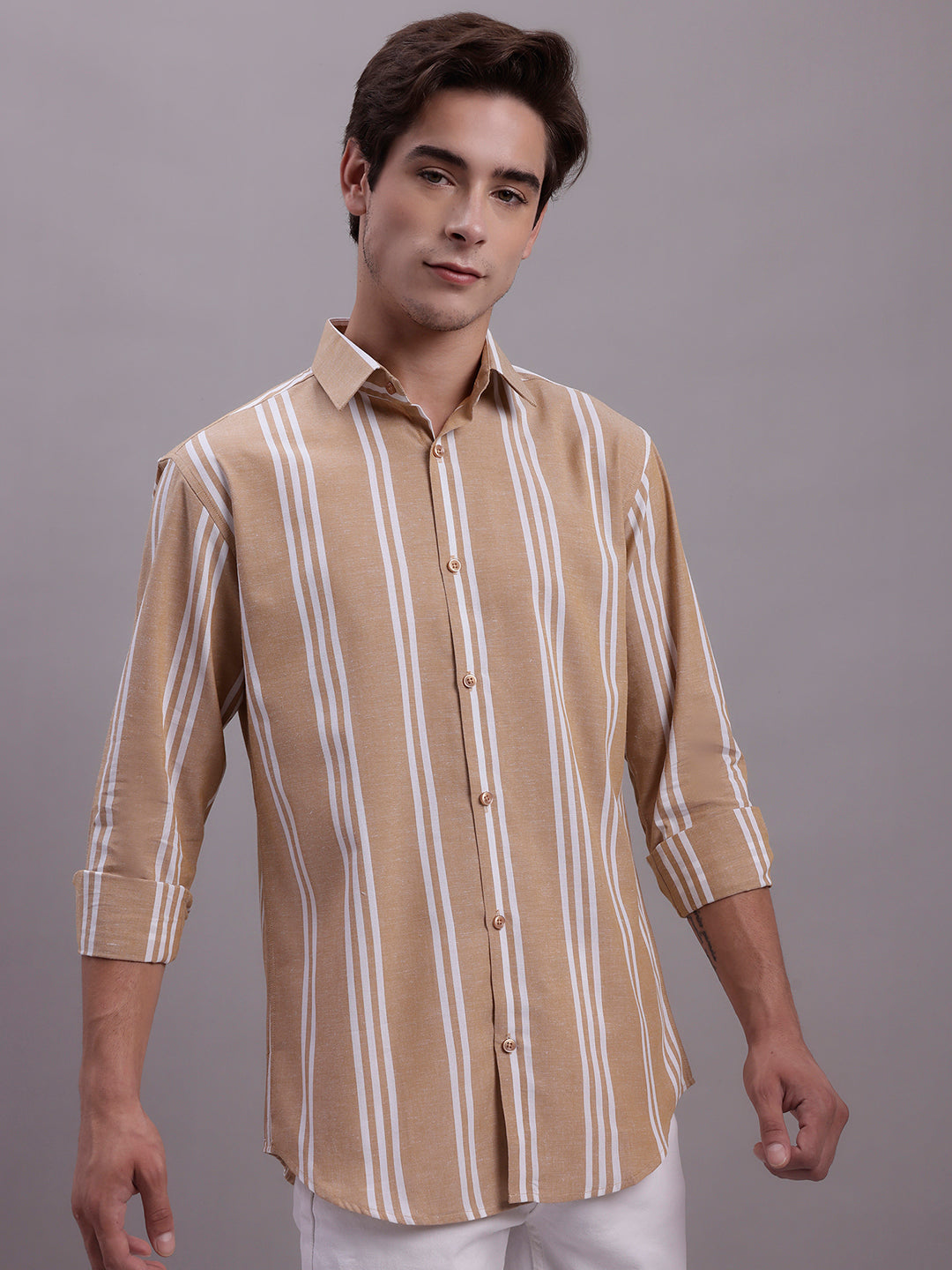 Jainish Men's Striped Casual Shirt - Brown