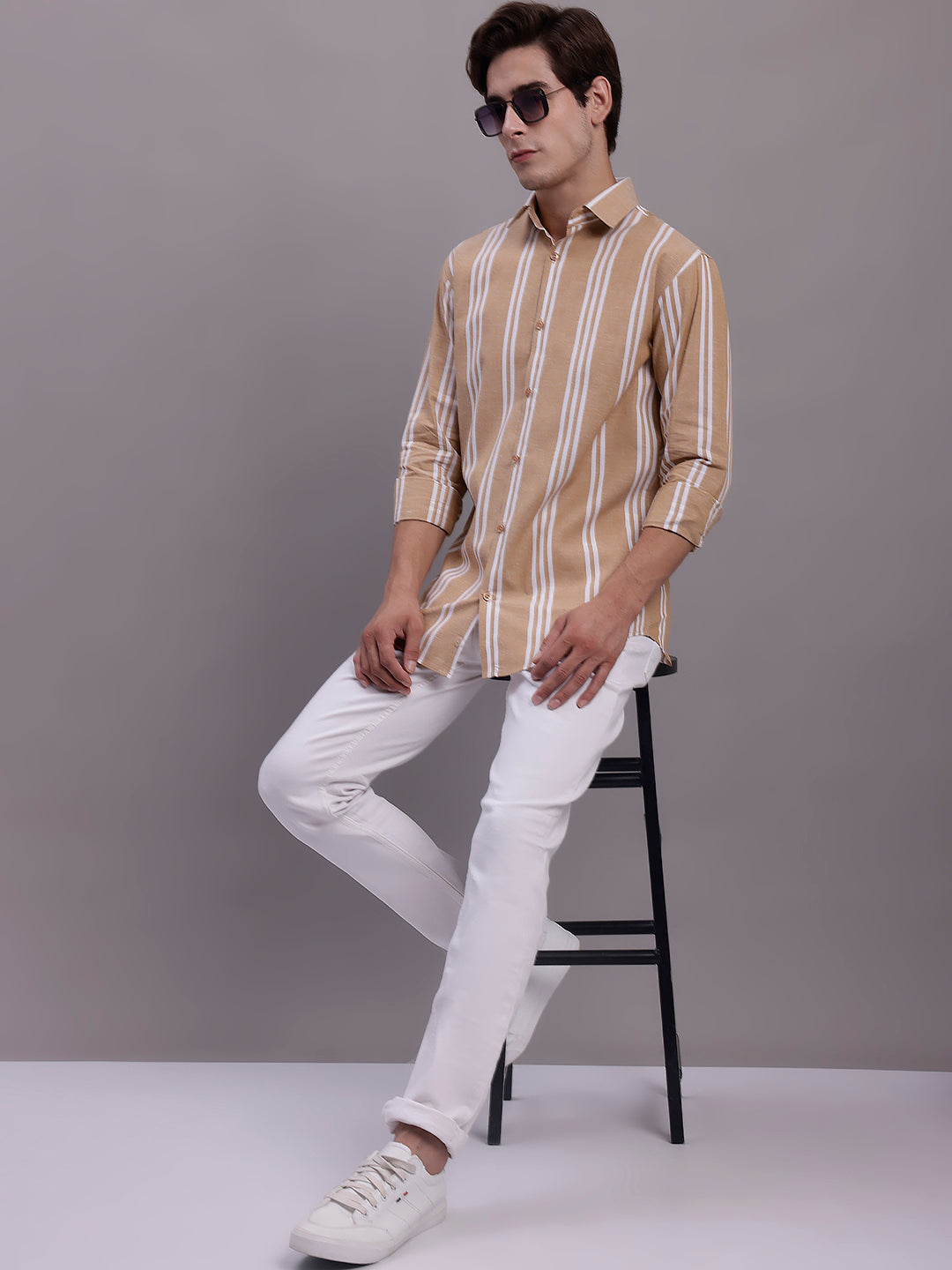 Jainish Men's Striped Casual Shirt - Brown