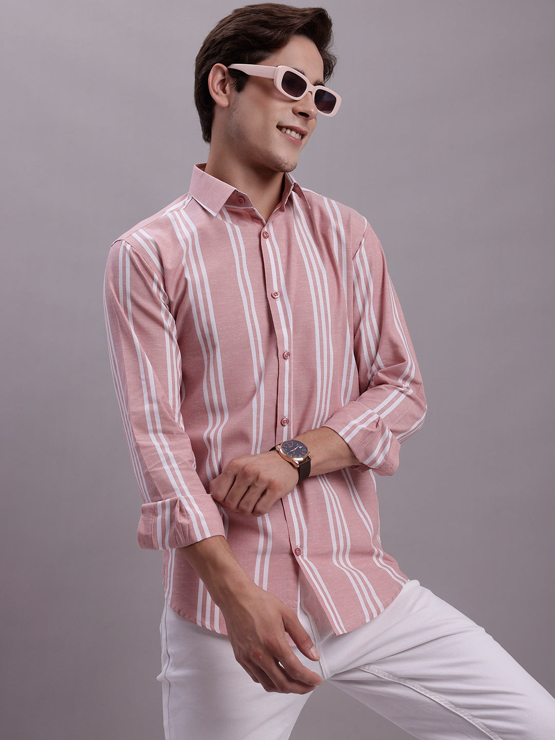 Jainish Men's Striped Casual Shirt - Coral