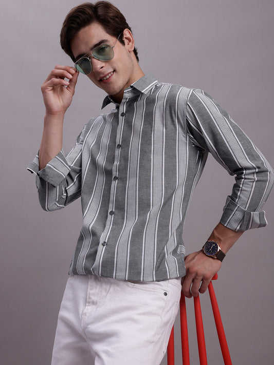 Jainish Men's Striped Casual Shirt - Grey