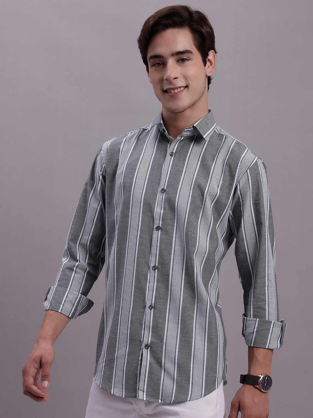 Jainish Men's Striped Casual Shirt - Grey