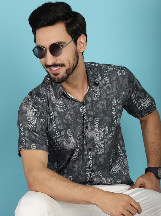 Indian Needle Men's Printed Casual Shirt - Charcoal | Swadesiicart