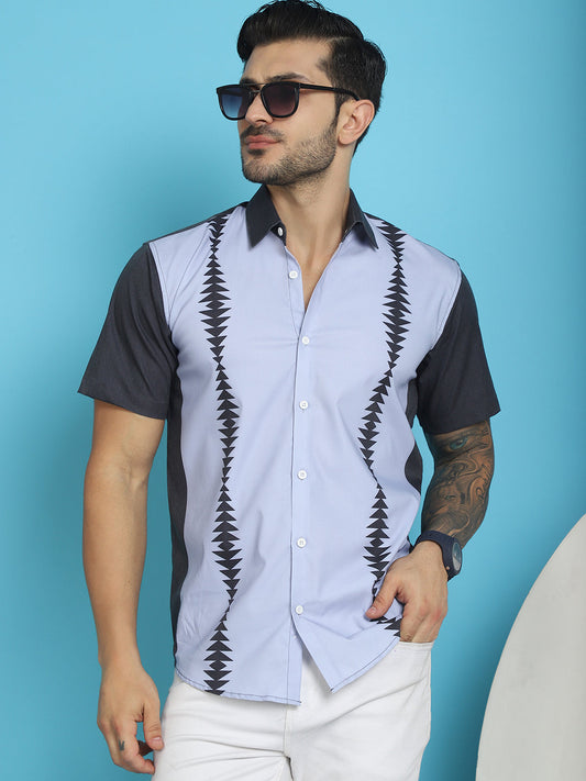 Indian Needle Men's Printed Half Sleeve Lycra Shirt - Sky Blue | Swadesiicart