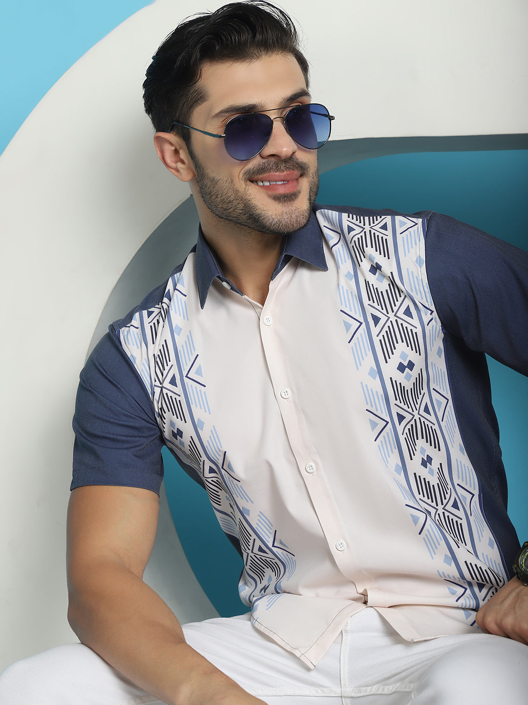 Indian Needle Men's Printed Half Sleeve Lycra Shirt - White 