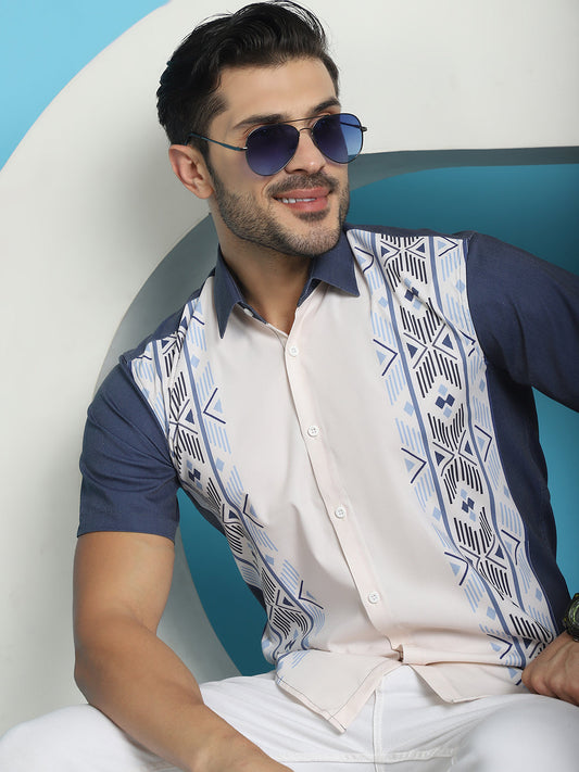 Indian Needle Men's Printed Half Sleeve Lycra Shirt - White 