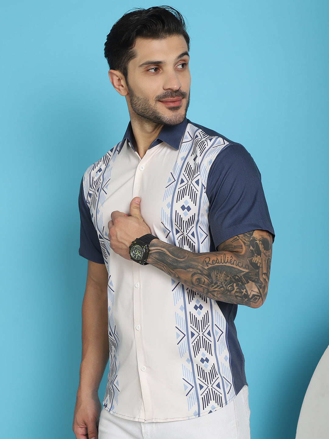 Indian Needle Men's Printed Half Sleeve Lycra Shirt - White 