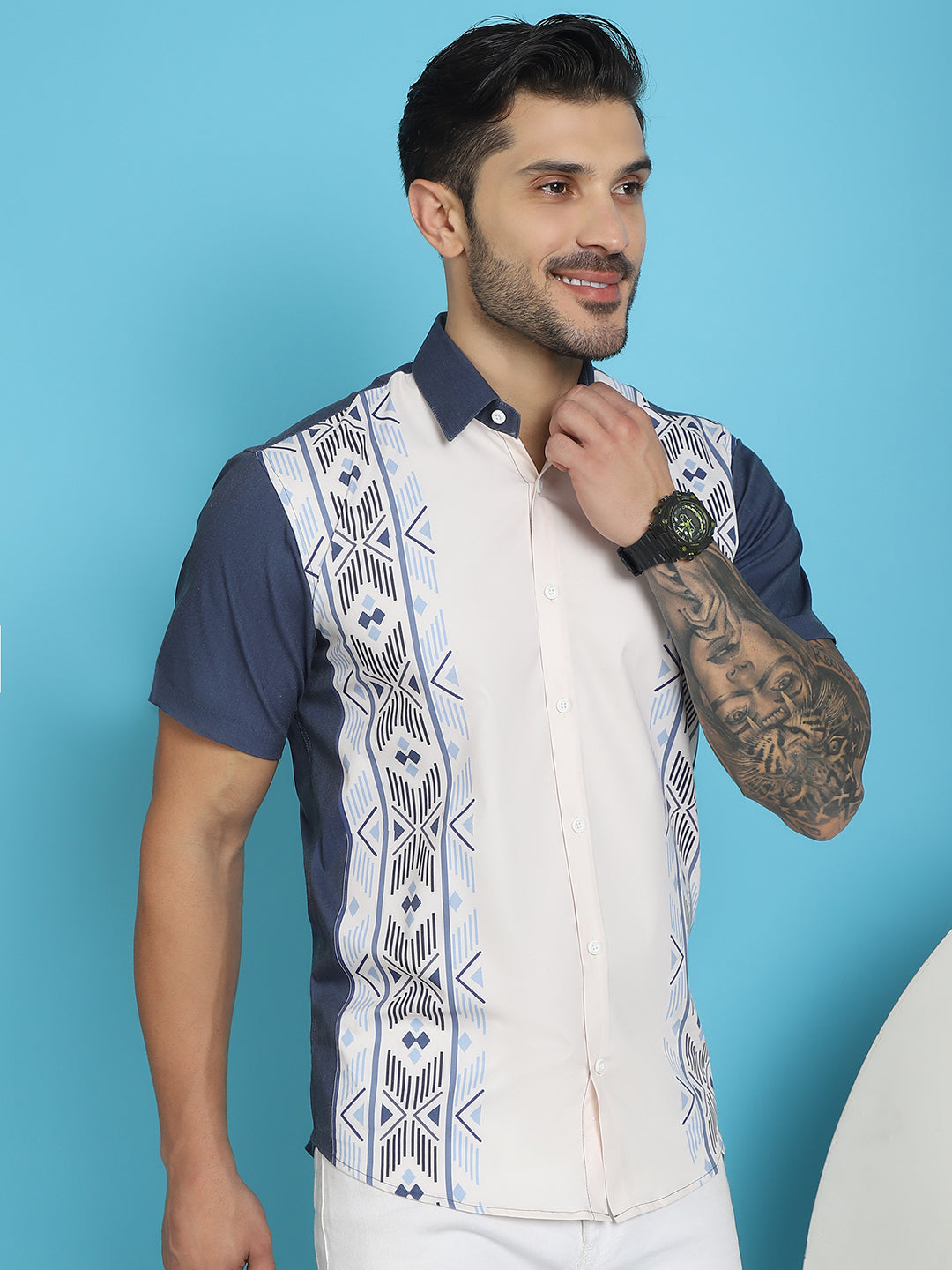 Indian Needle Men's Printed Half Sleeve Lycra Shirt - White 