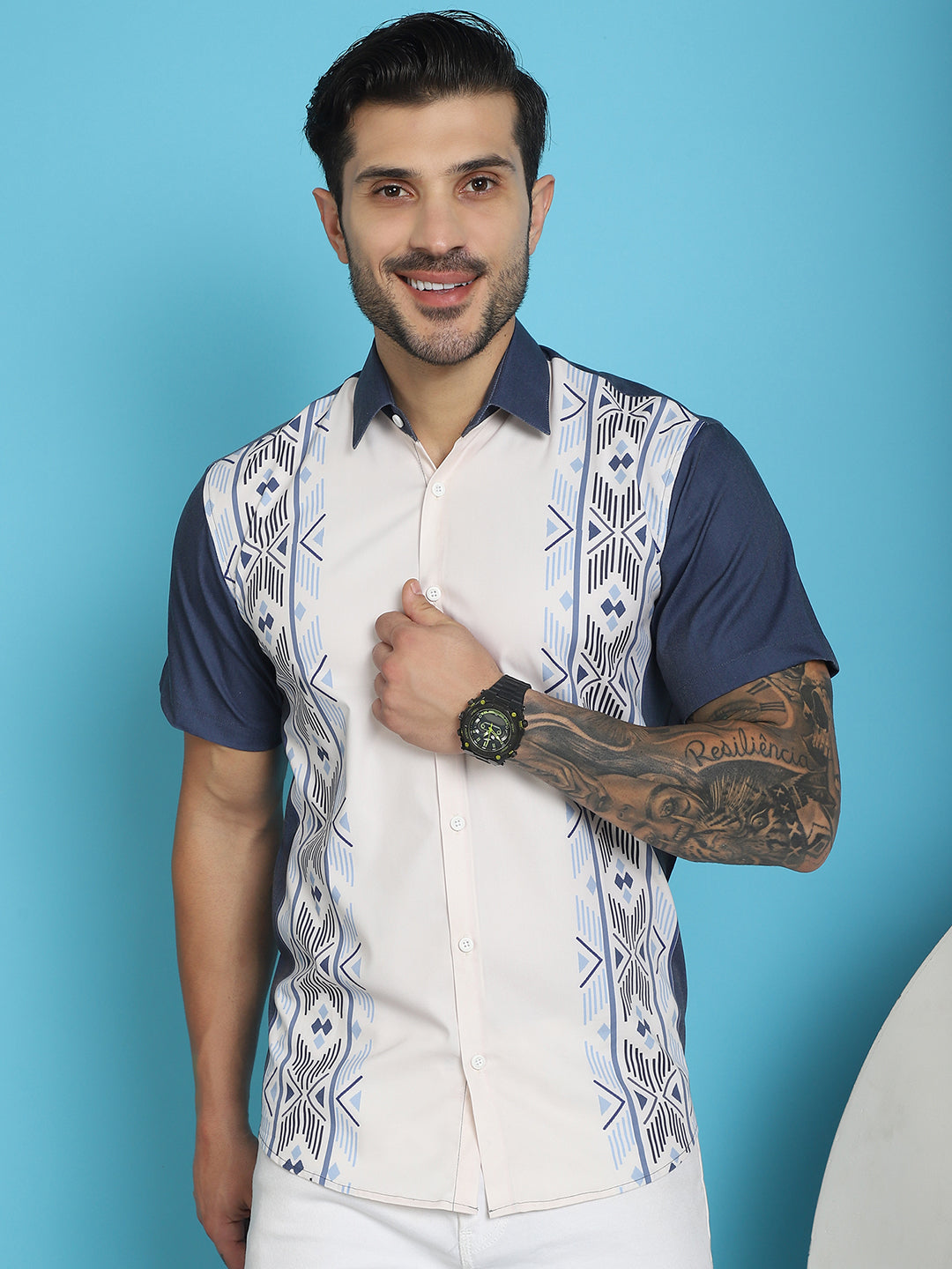 Indian Needle Men's Printed Half Sleeve Lycra Shirt - White 