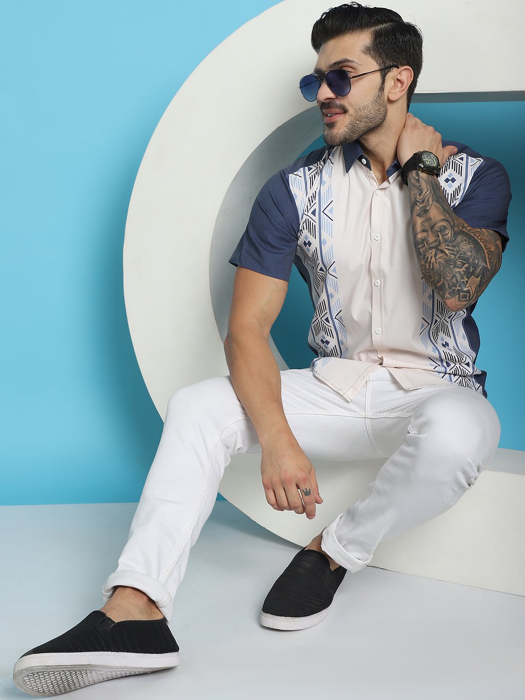 Indian Needle Men's Printed Half Sleeve Lycra Shirt - White 