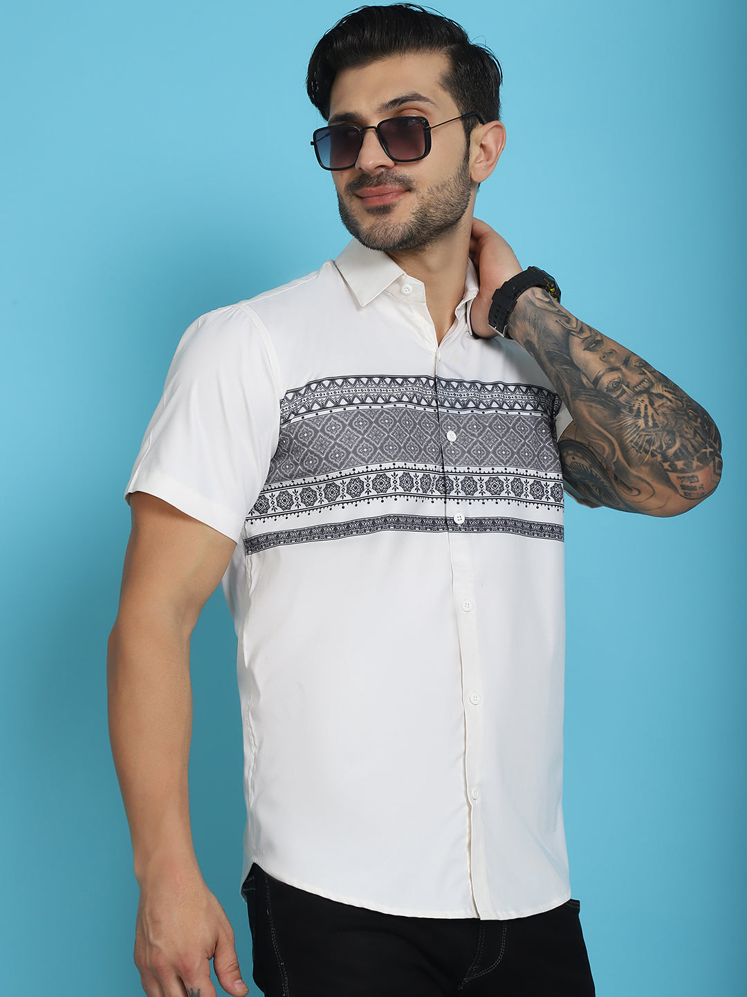 Indian Needle Men's Printed Half Sleeve Lycra Shirt - White 