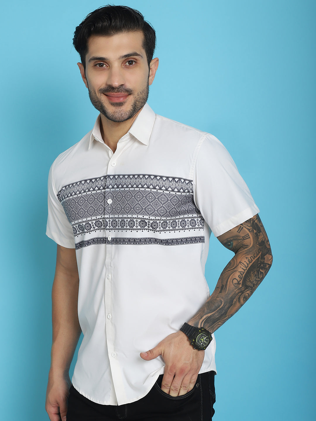 Indian Needle Men's Printed Half Sleeve Lycra Shirt - White 