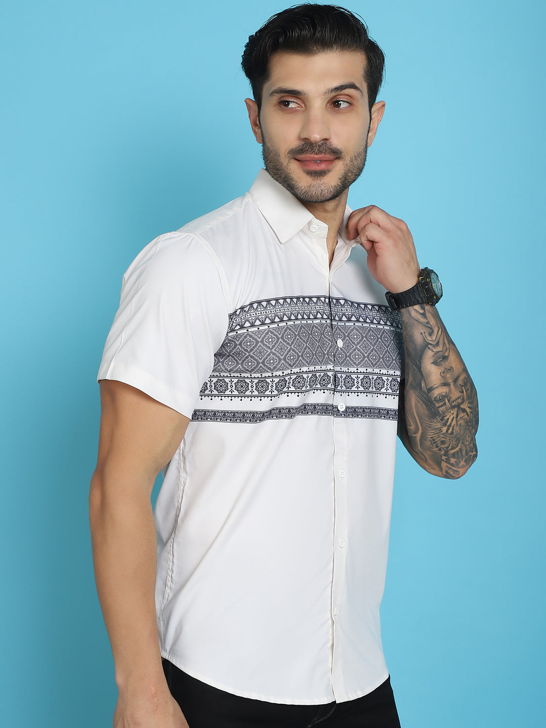 Indian Needle Men's Printed Half Sleeve Lycra Shirt - White 