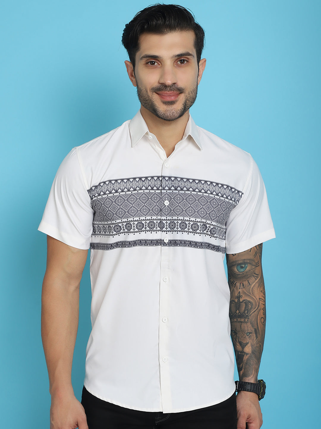 Indian Needle Men's Printed Half Sleeve Lycra Shirt - White 