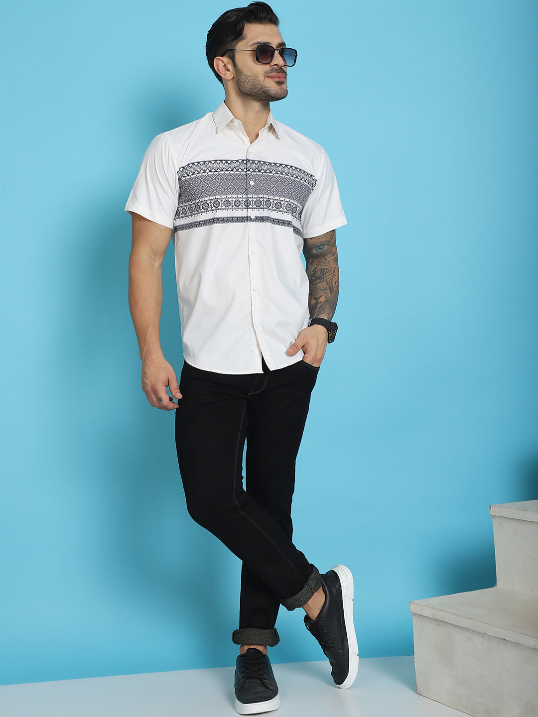 Indian Needle Men's Printed Half Sleeve Lycra Shirt - White 