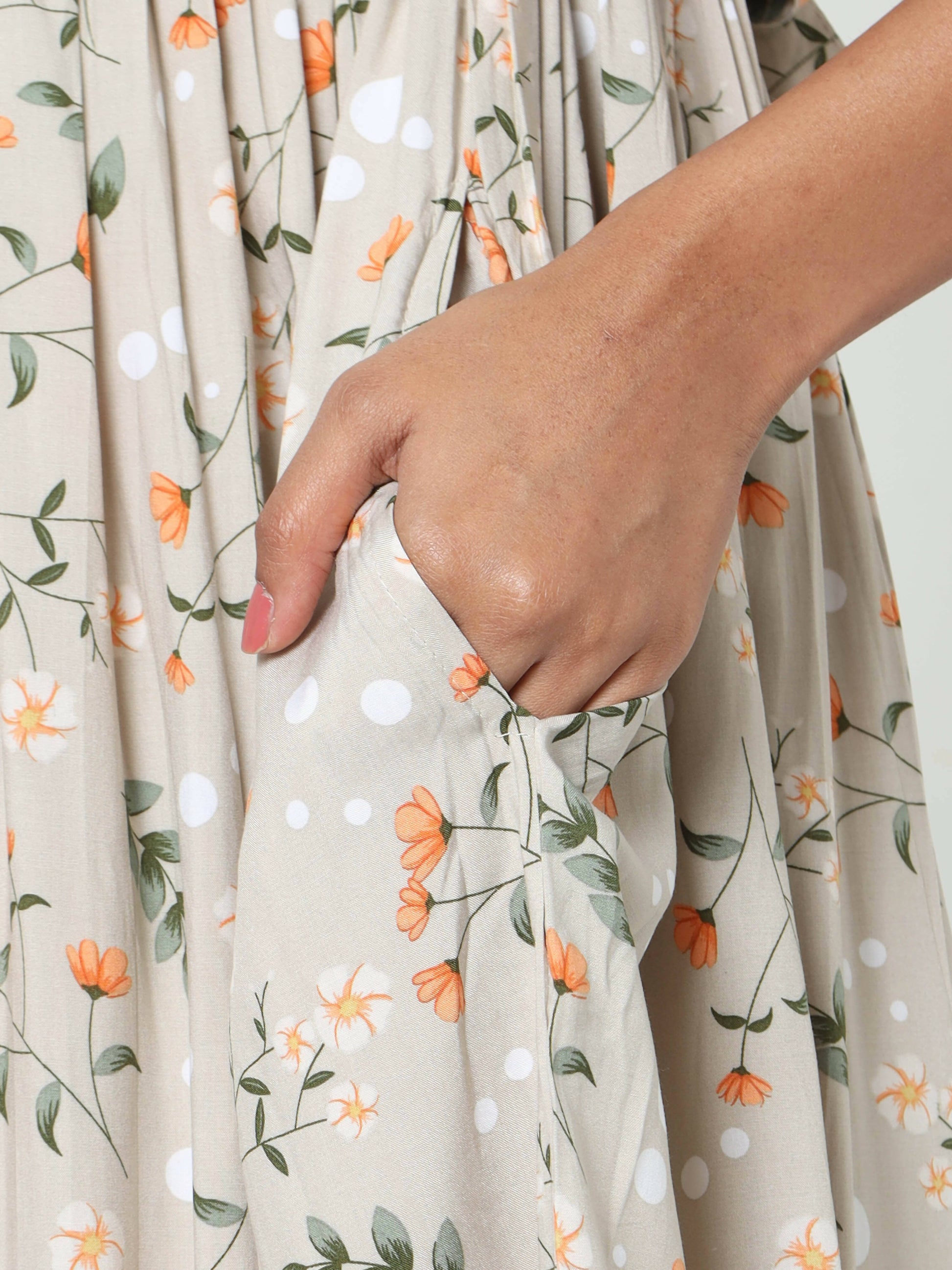Manet Frill With Sleeves Maternity Dress Floral Print With Concealed Zipper Nursing Access - Cream