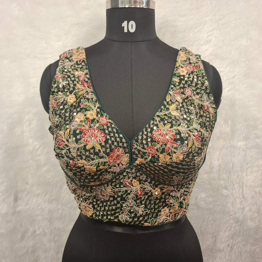 Kia Fashions Bottle Green Georgette Multi Color Emb & Sqn Readymade Blouse 