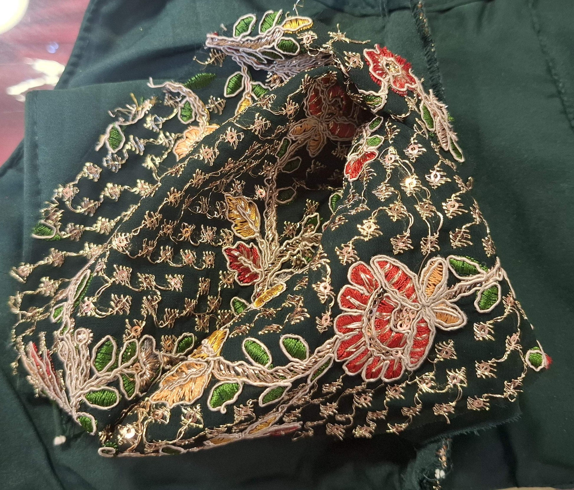 Kia Fashions Bottle Green Georgette Multi Color Emb & Sqn Readymade Blouse 