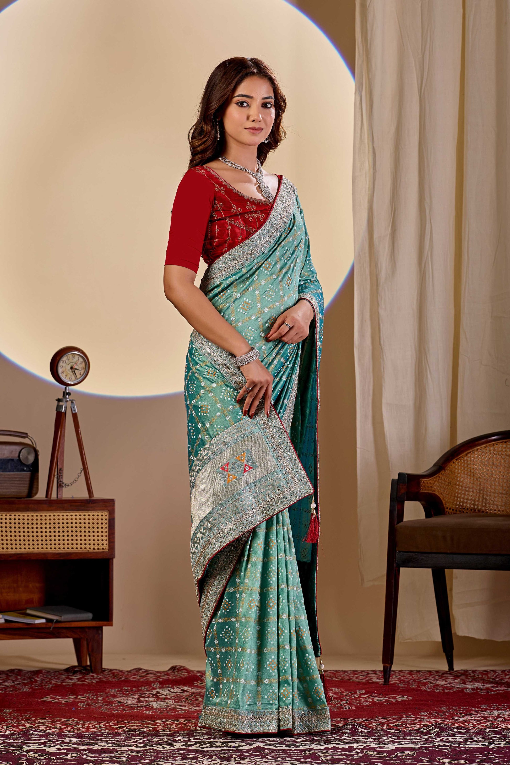 Dwija Fashion Women'S Party Wear Embroidery Vichitra Cp Designer Saree With Unstitched Blouse-Green