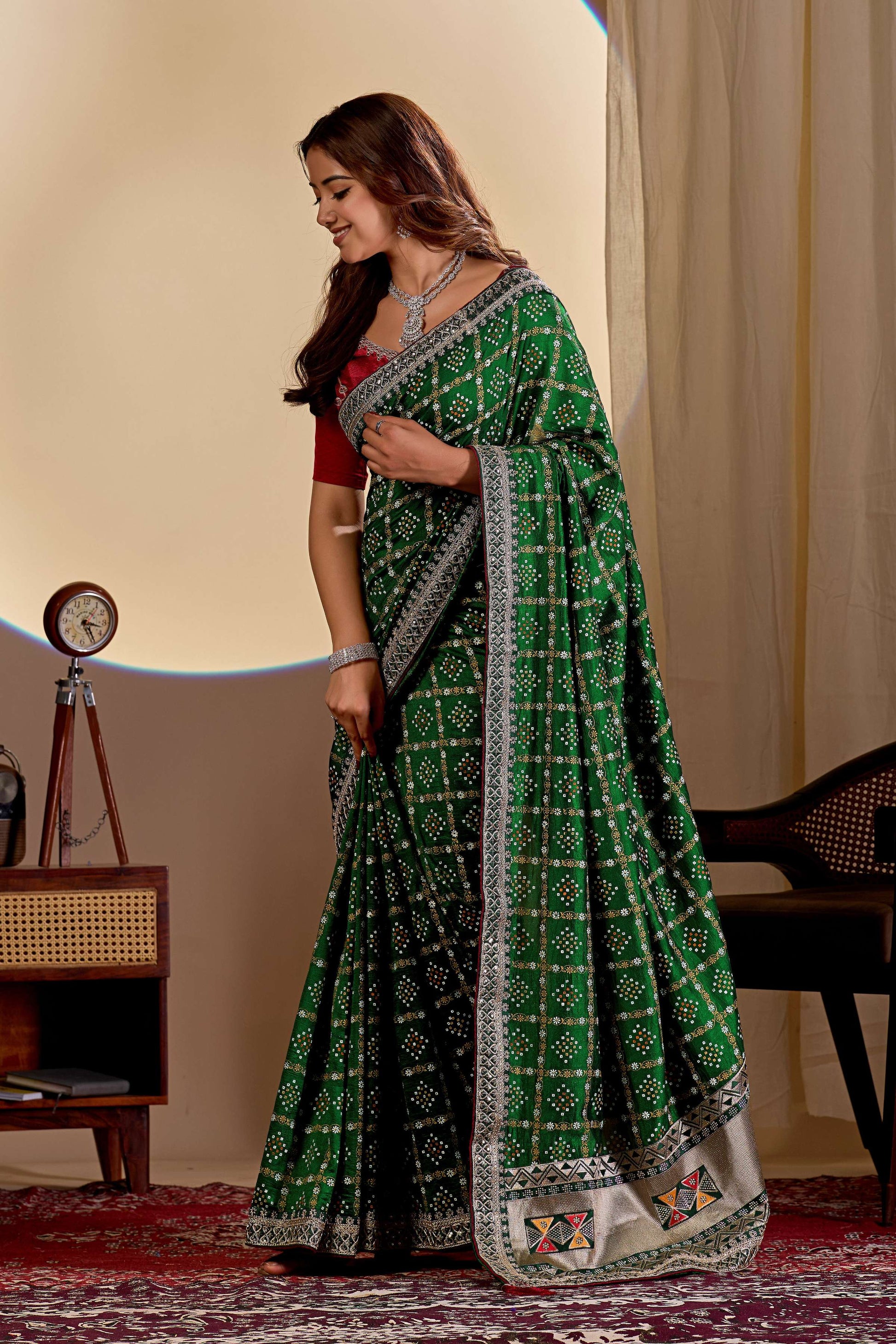 Dwija Fashion Women'S Party Wear Embroidery Vichitra Cp Designer Saree With Unstitched Blouse-Green