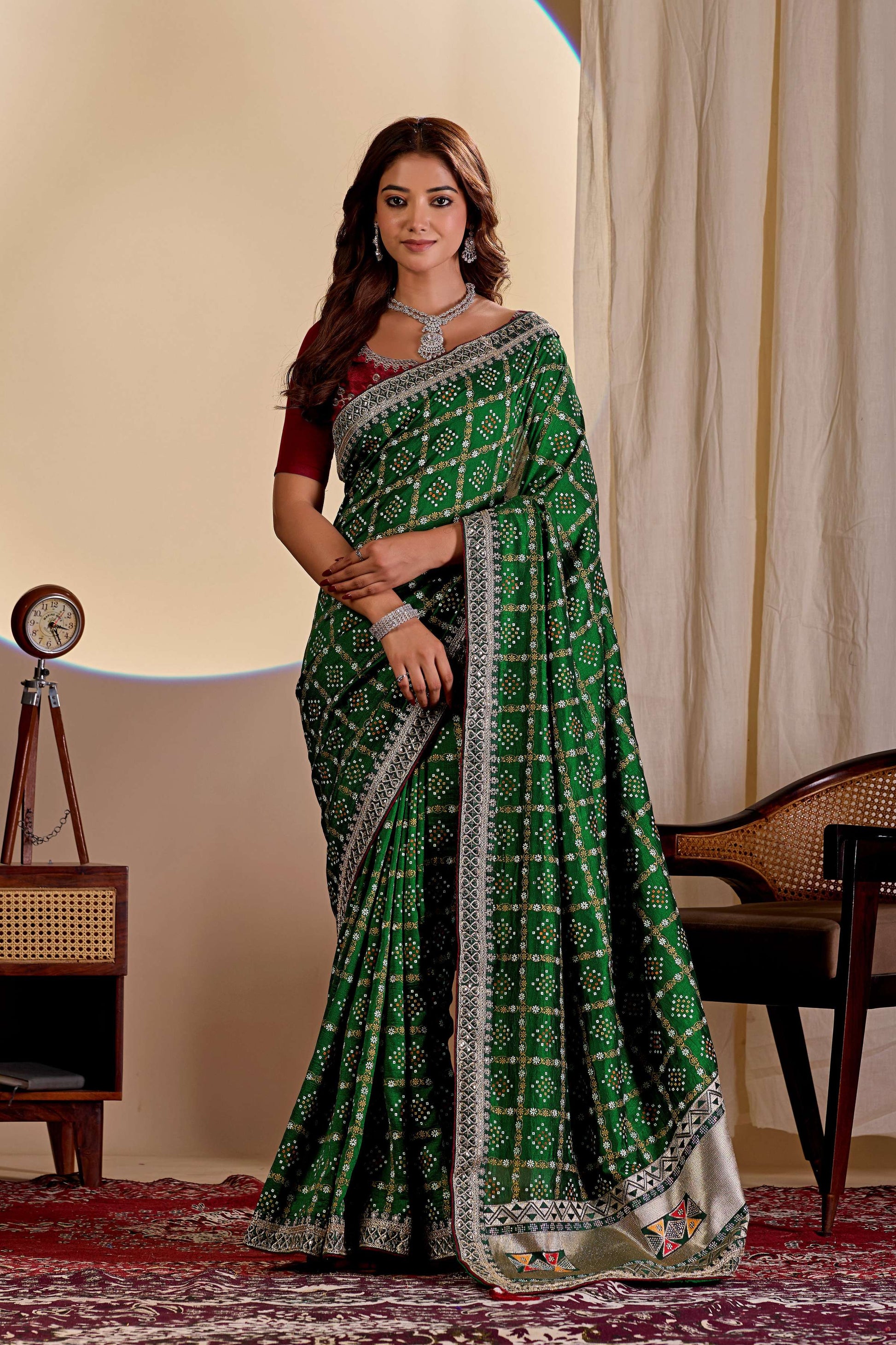 Dwija Fashion Women'S Party Wear Embroidery Vichitra Cp Designer Saree With Unstitched Blouse-Green