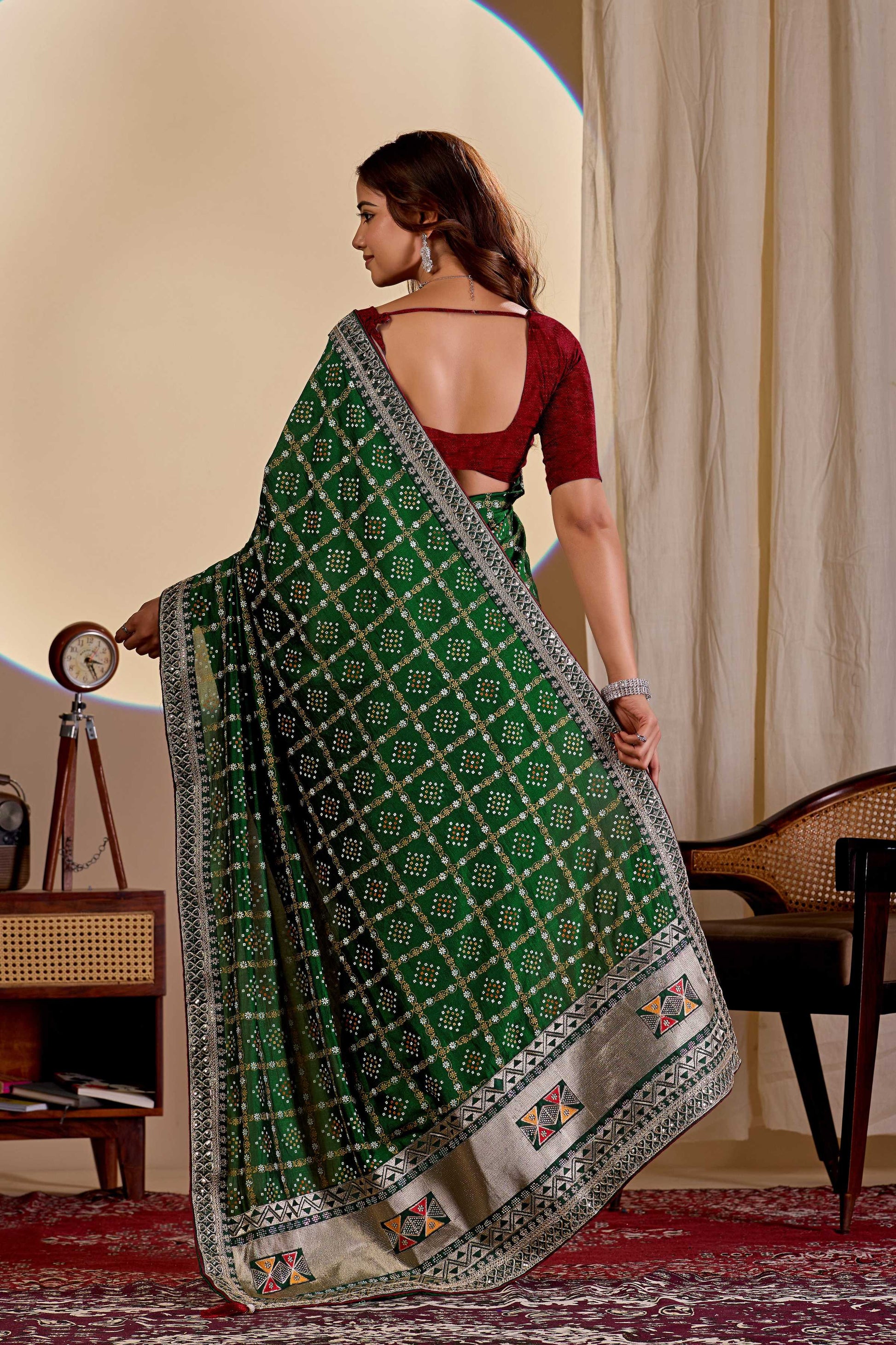 Dwija Fashion Women'S Party Wear Embroidery Vichitra Cp Designer Saree With Unstitched Blouse-Green